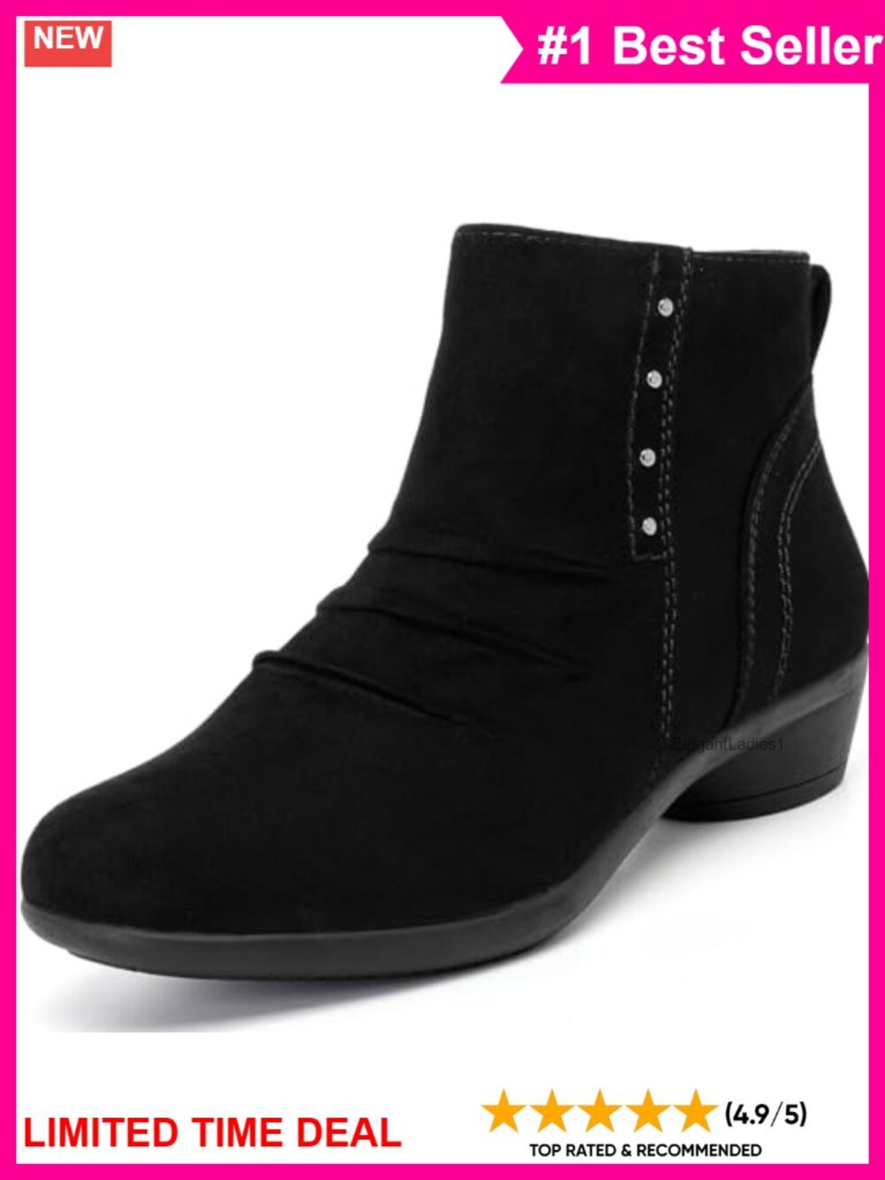 Faux Leather Ankle Boots Memory Foam Block Heel Side Zip